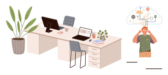 Desk with computers, chair, plant, books, and coffee alongside person using VR headset linked to cloud icons. Ideal for technology, innovation, remote work, creativity virtual connection
