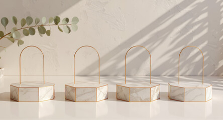 Minimalist product display with wood and marble podiums, gold arches, and leaf shadows