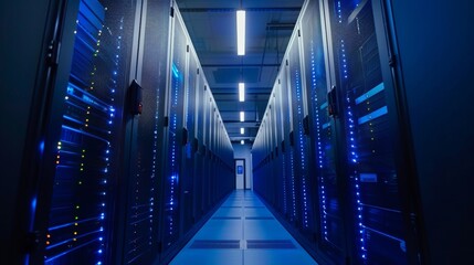 Illuminated server rack leds in data center corridor featuring cable trays, raised tiles, and vents