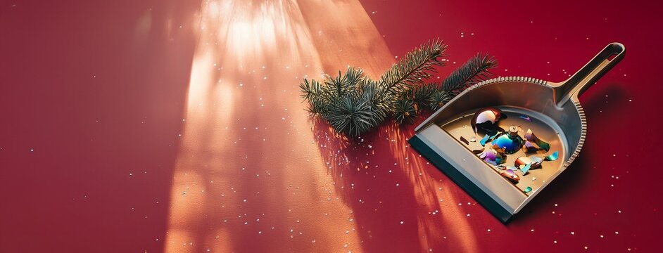 A dark gray dustpan with scattered confetti and Christmas ball fragments, a fir branch on a red background