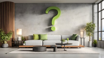 Oversized luminous punctuation mark hangs above modern minimalist living room seating arrangement