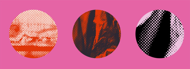 Vector illustration uses a pop art halftone style with bold dots and circles. It features red, black, and pink colors, abstractly arranged in three round shapes against a vibrant pink background.