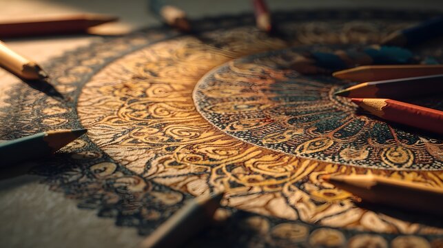Intricate, handcrafted circular design featuring detailed patterns is illuminated by dramatic lighting with colored drawing instruments scattered nearby.