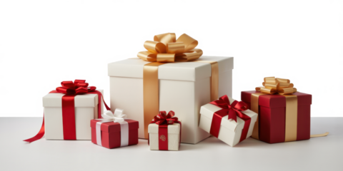 Group of assorted gift boxes with ribbons and bows presents for holidays and special occasions isolated on white