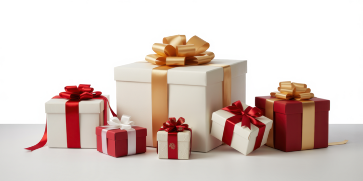 Group of assorted gift boxes with ribbons and bows presents for holidays and special occasions isolated on white