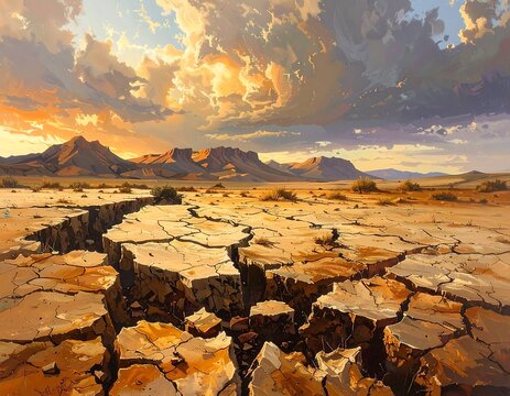 A cracked earth scene depicts an arid landscape. Distant mountains and vibrant sunset hues fill the background