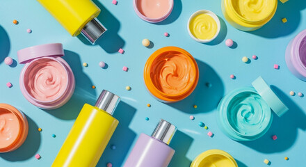 Pastel skincare products and colorful sprinkles arranged on a light blue background in flat lay style