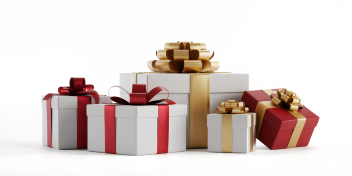 Group of wrapped gift boxes with ribbon bows presents for Christmas and other holidays isolated on white background