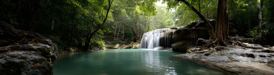A beautiful panoramic view of a waterfall in a tropical jungle forest with a crystal clear pool