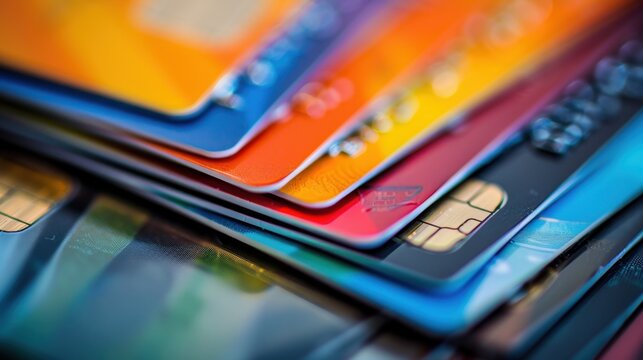 A close-up view of various credit cards stacked together. The cards display different colors and designs, showcasing their chip technology.