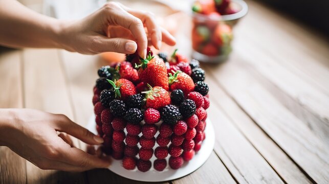 Decorating a fresh berry cake with strawberries, raspberries, blackberries