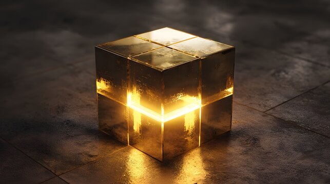 Highly reflective golden cubic structure emits bright internal illumination on a dark, textured surface