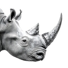 Obraz premium Majestic Horn: A striking black and white portrait of a rhinoceros, emphasizing its powerful horn and textured skin, evokes a sense of wildness and grandeur.