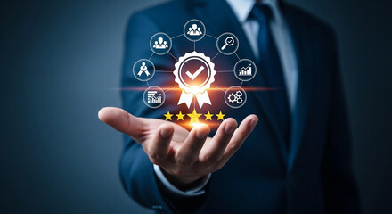 Man in suit holding hand with quality assurance icons above it and five stars glowing bright