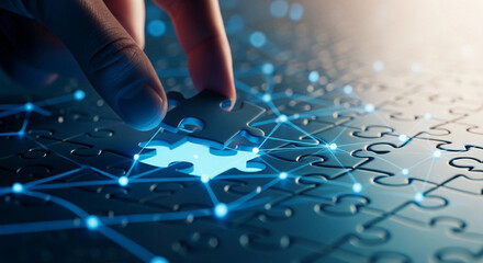 Hand placing a puzzle piece into a glowing jigsaw with interconnected network lines design element