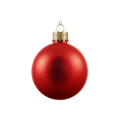 A festive red matte Christmas ornament with a gold cap hangs suspended against a dark background