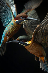 Close-up motion portrait of two European birds, the bee-eater and kingfisher, as free-flying metallic sculptures with a natural look. Their sharply focused heads contrast with their softly blurred bod