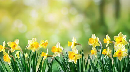Blooming yellow daffodils on green spring background. Floral nature banner with copy space