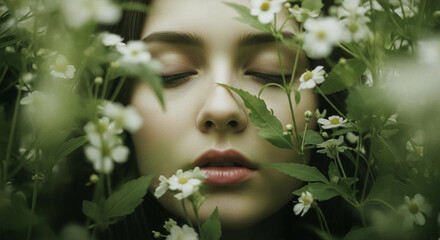 Close up of a woman's face surrounded by small white flowers and green leaves in a natural setting