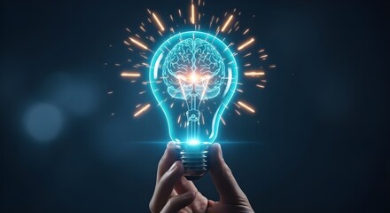 Human hand holding a glowing light bulb shaped like a brain with bright sparks emanating from it