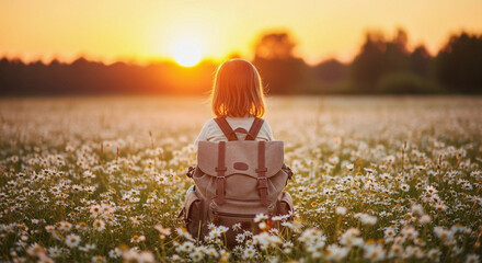 A child with a backpack sitting in a field of daisies at sunset looking at the horizon line trees