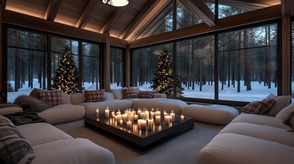 Naklejka premium Relax in a rustic cabin living room adorned for Christmas, featuring a beautifully decorated tree, stockings, and a serene snowy view outside