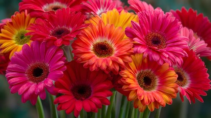 Vibrant bouquet of multicolored daisy flowers displays numerous bright petals against a soft background.