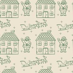 Fototapeta premium Vintage Christmas coquette seamless pattern with Santa, flying deers and gingerbread house. Whimsical wrapping paper design on beige background