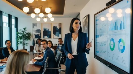 Business meeting presentation with charts and graphs on large screen diverse team collaborating - Powered by Adobe