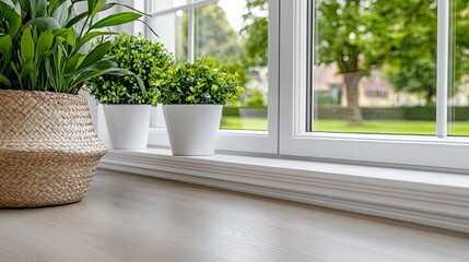 Fototapeta premium Close-up of a white bay window revealing reflections and soft light while featuring clean lines and a blurred backdrop of trees outside