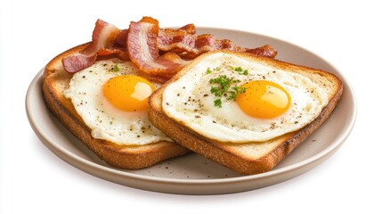 Two slices of golden toast hold sunny-side-up eggs and crispy bacon, presented beautifully on a white plate for a satisfying breakfast