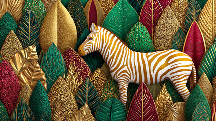 Obraz premium Golden zebra in vibrant jungle with metallic leaves for wallpaper and decorative design