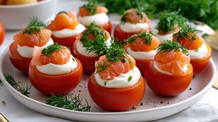 Stuffed tomatoes reveal a creamy salmon and herb filling topped with pepper and fresh herbs on a black plate