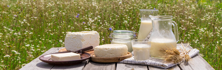 Dairy products on a cow farm. Selective focus.