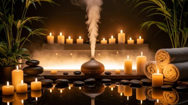 Serene spa ambiance with aromatherapy diffuser glowing candles stacked towels hot stones and lush