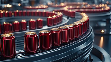 Interior of a cutting-edge production facility displays rows of red canned beer moving efficiently along a conveyor belt under bright lighting