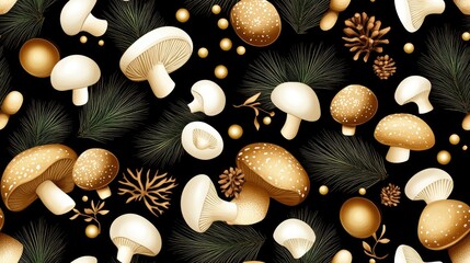 Mushrooms flourish in a rich forest environment, highlighted by deep green leaves and striking orange hues, showcasing nature's intricate beauty SEAMLESS PATTERN