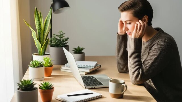 Woman typing on laptop at desk with plants and coffee mug natural light home office productivity - Powered by Adobe