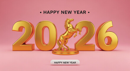 A golden horse statue stands tall between the numbers 2026, symbolizing a happy new year celebration with prosperity, wealth, and success in the coming year.