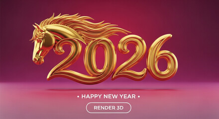 A golden horse head is juxtaposed with the number 2026 on a red backdrop, symbolizing a festive New Year celebration with metallic and shiny decorations.