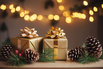 christmas and new year background - gift boxes and pine cones and branches on the background of bokeh garlands