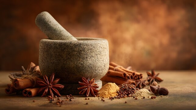 Rough stone grinding tool sits beside an assortment of whole and ground aromatic seasonings