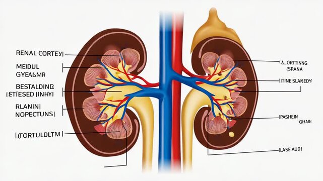Detailed Anatomical Illustration of Human Kidneys Showing Renal Cortex, Medulla, Arteries, Veins, and Adrenal Gland