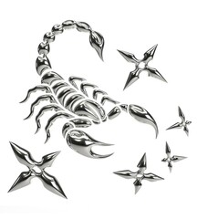 Futuristic 3D chrome scorpion with metallic tribal design white background. Silver reflective texture and Y2K aesthetic, perfect for streetwear graphics, digital art, and cyberpunk fashion visuals