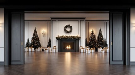 Naklejka premium Large room features three decorated Christmas trees, a cozy fireplace, and presents arranged elegantly around the festive setting
