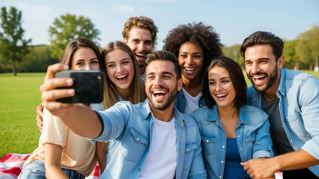 Diverse friends laughing taking selfie in park picnic happy summer day outdoor