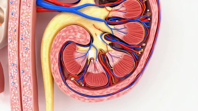 Human Kidney Anatomy Cross Section Detailed Medical Illustration Showing Renal Cortex, Medulla, Arteries, Veins, and Ureter on a White Background