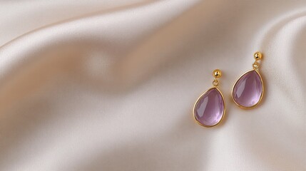 Delicate purple crystal earrings showcase intricate lace carvings, elegantly resting on white fabric, accented by lavender blooms