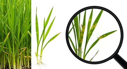 Rice leaves with brown spot disease under magnifying glass plant