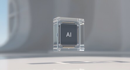 AI memory core floating inside a transparent glass cube